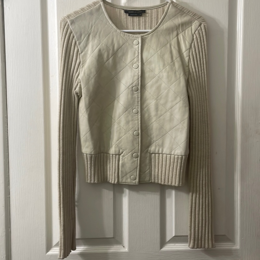 BCBG Cream leather and knit snap button long-sleeve quilted jacket size medium